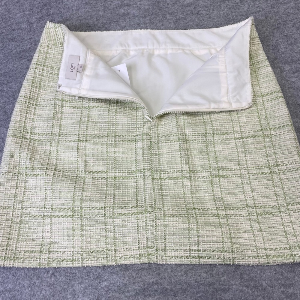 NEW LOFT Outlet Green White Plaid Tweed Mini Skirt Size 8 Boucle Wrap Style - Picture 6 of 12